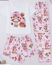 Strawberry Shortcake 3pc Pajama Set Women Large 8/10 Tee Shorts Pants Pink White