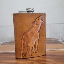 Vintage Wolf Stainless Steel 8 oz Hip Flask Leatherette Cover Hinged Screw Top