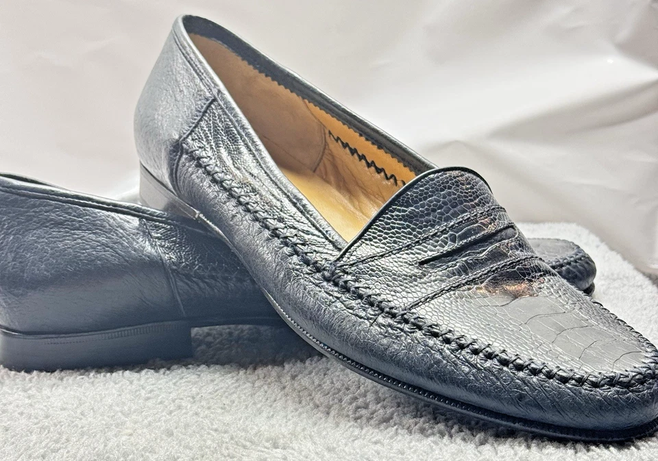 Zapatos Mocasines Genuinos Hombres MORESCHI Azul Marino Avestruz y Cuero Penny 12 Foto 4 de 4