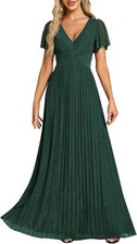 V-Neck Formal Dresses Pleated Short Sleeves Floor Length Mother of Bride Dress
