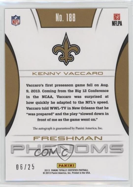 2013 Panini Totally Certified Blue /25 Kenny Vaccaro #188 Rookie RC - Image 2 of 2