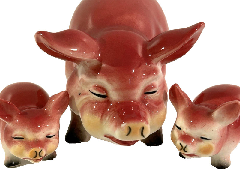 Vintage 50s Hand Painted Dark Pink Mama Pig & 2 Piglet Figurines Japan