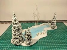 BIG O Scale CHRISTMAS VILLAGE Winter Skating Pond 18" x 8" w 7 Snowy Trees #970