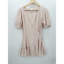 Blush Pink Wrap Dress Womens Puff Sleeve Ruffle Hem Romantic Boho Cottagecore M
