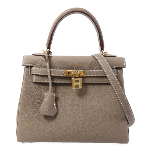 HERMES GHW Kelly 25 2 Way Shoulder Bag Togo Leather Etoupe