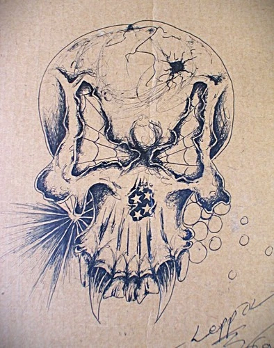 Vintage Prison Art Skull Signed & Dated  8x10 on Cardboard Beer Box