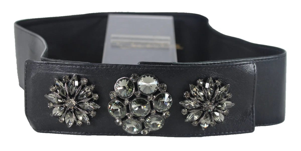 Vtg Oscar de la Renta wide black leather studded belt size 85 Vintage Wide Leather Belt Black Studded Perforated Wide  main image 3