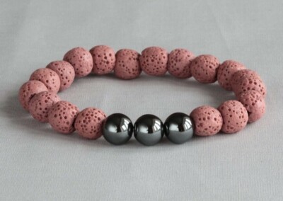 SALMON PINK LAVA ROCK & HEMATITE 10MM ROUNDS BRACELET 6.5'' ~ 17CM  