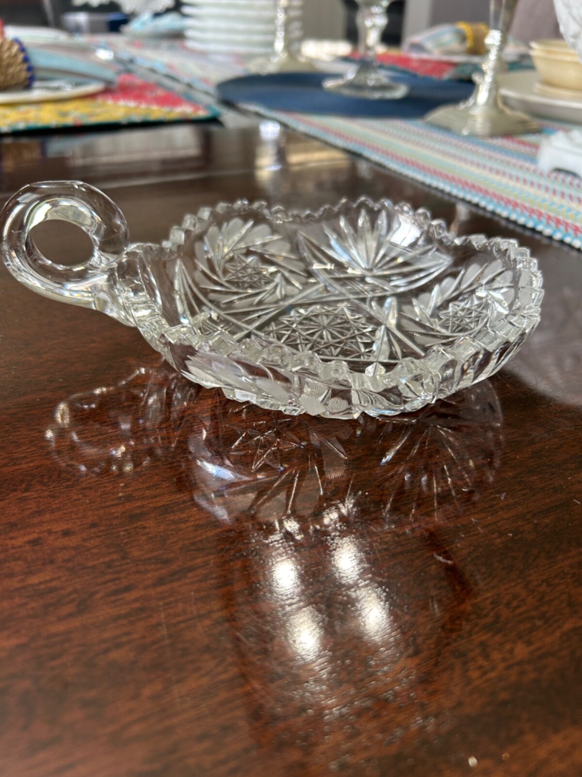 Vintage American Brilliant Period ABP Cut Glass Nappy Candy Nut Dish w Handle