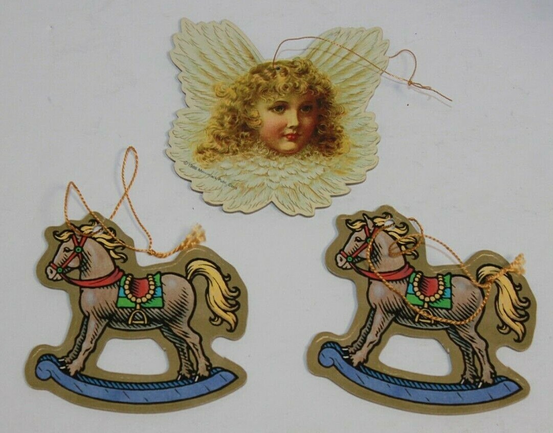 Vintage Lot 3 Paperboard Angel & Rocking Horse Christmas Ornaments