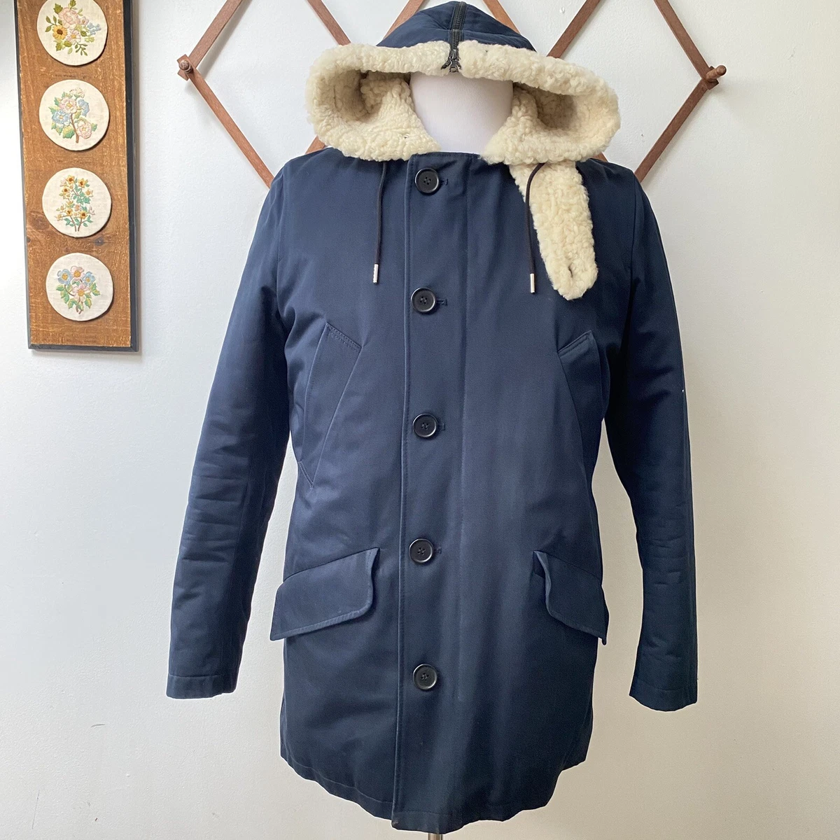 Sandro Paris Genuine Shearling Lamb Fur Hooded Topcoat Navy
