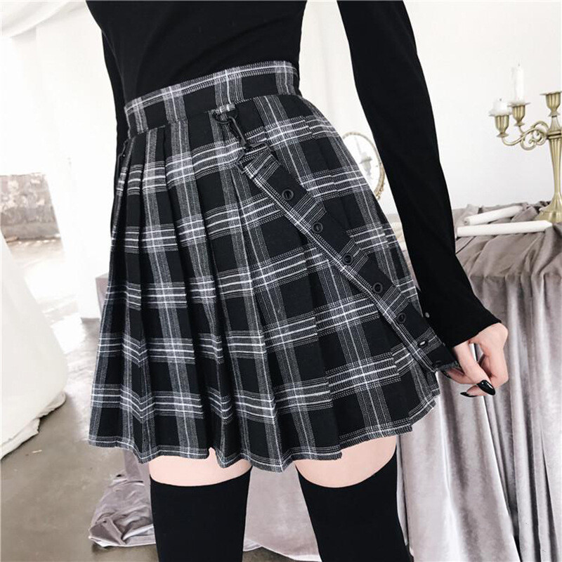 Girls Pleated Mini Skirt Check High Waist Strap Preppy Gothic Punk