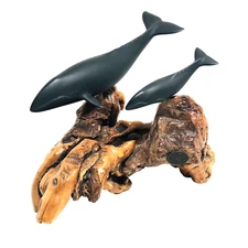 Vintage Whale Sculpture John Perry Mother and Calf on Burl Wood Signed 8"