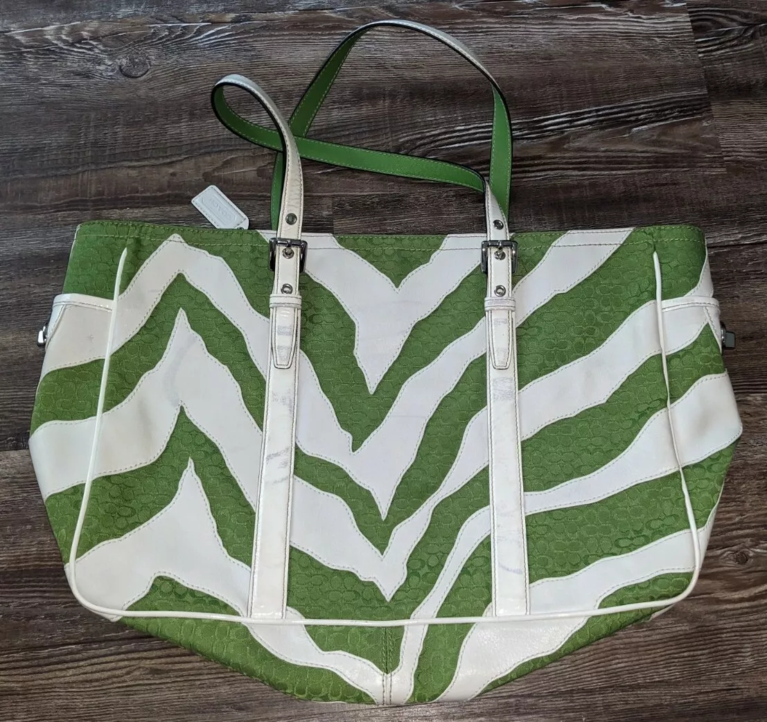 Coach A06Q 1862 green and white zebra striped signature logo purse