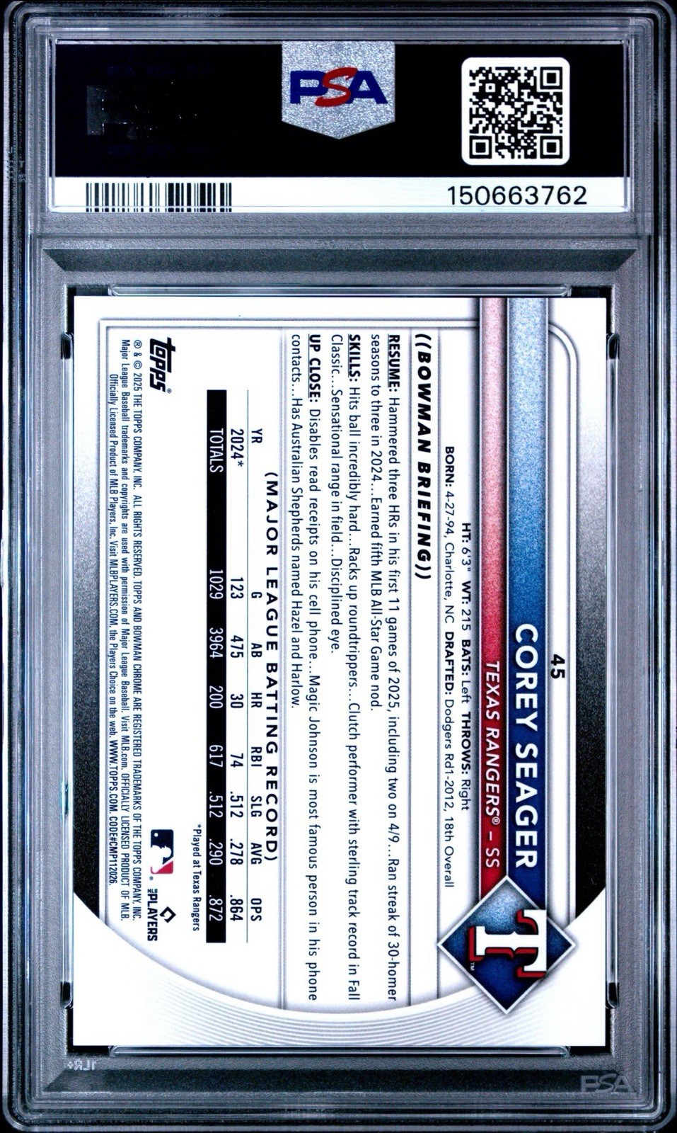 COREY SEAGER 2025 BOWMAN CHROME ORANGE REFRACTOR RANGERS /25 PSA 10 view 2