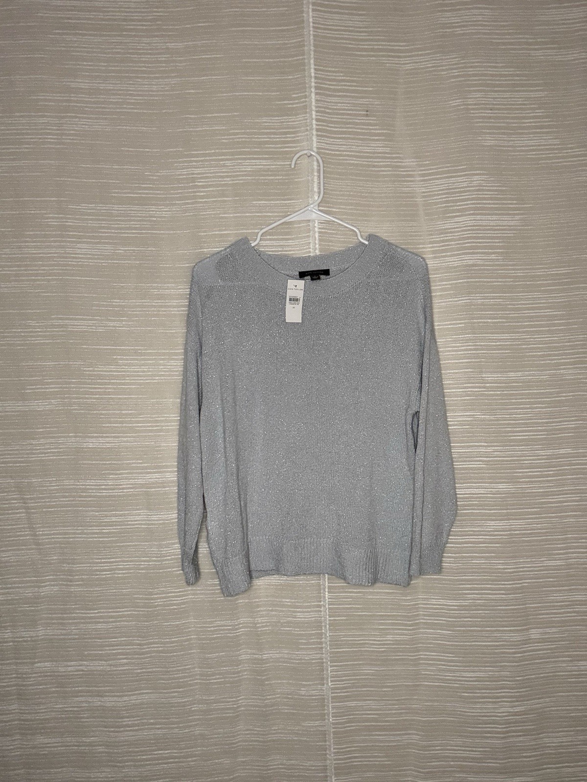 NWT Ann Taylor Metallic Shimmer Sweater Silver Gray Crewneck Size M Medium