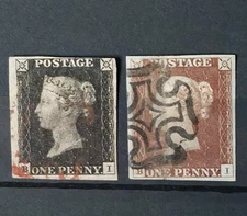 GB QUEEN VICTORIA 1D BLACK + 1D RED BROWN MATCHED PAIR FINE USED, 3/4MARGINS 