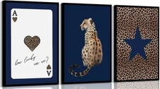 3Pcs Navy Leopard Wall Art Cheetah Vintage Prints Wall Decor Navy Blue Star P...
