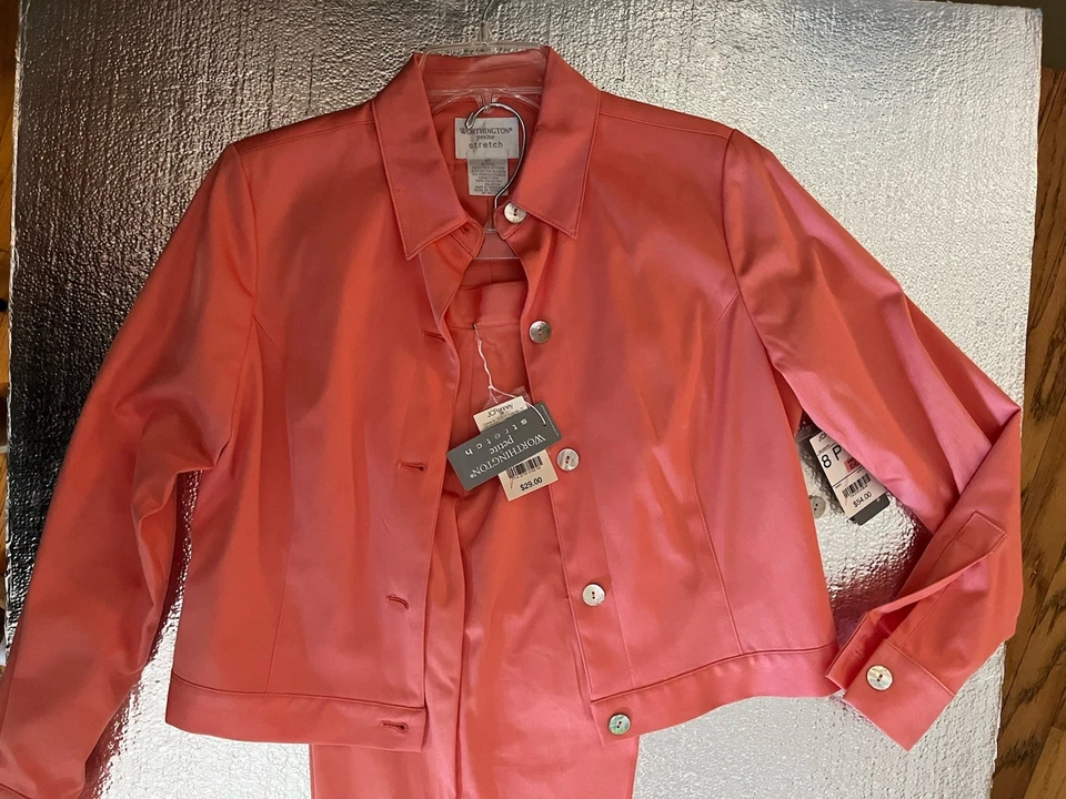 Worthington Petite Coral Pant Suit 8P Blazer Jacket 6P Coral Pants Flat Cuffed - Image 2 of 4