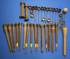 Large Lot Vintage Wooden Textile Bobbins Spindles + Metal Parts