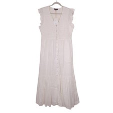 Quince size L Organic Textured Cotton Smocked V-Neck Midi Dress peasant pockets