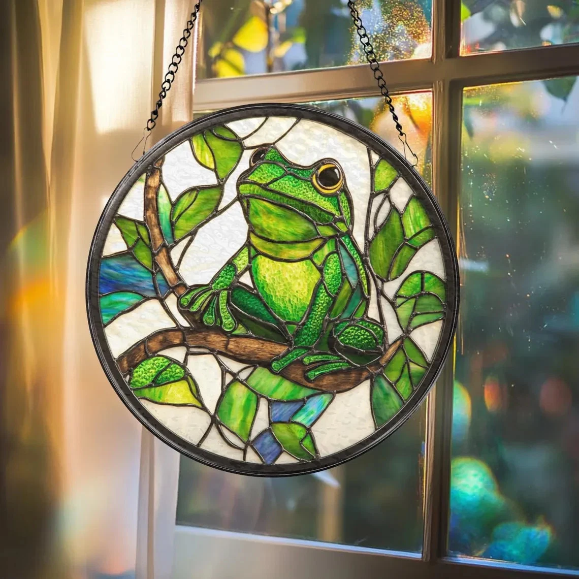Green Frog Lotus Stained Glass Suncatcher, Decor Gift