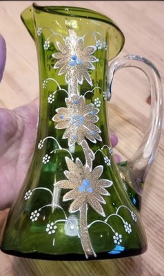 BÖHMISCHER MOSER STIL VERGOLDET HANDBEMALT GRÜN FLORAL KUNST GLAS KRUG