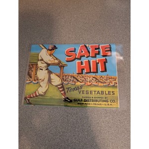Gulf Distributing Co Safe Hit Crate Label Texas Vegetables Baseball Stadium Art