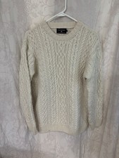 The Irish Store Men  s Long Sleeve Cable Knit Virgin Wool Sweater Cream Size M