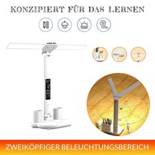 Image of LED Desk Lamp Dual Head Rechargeable Dimmable Display Clock Pen Holder White