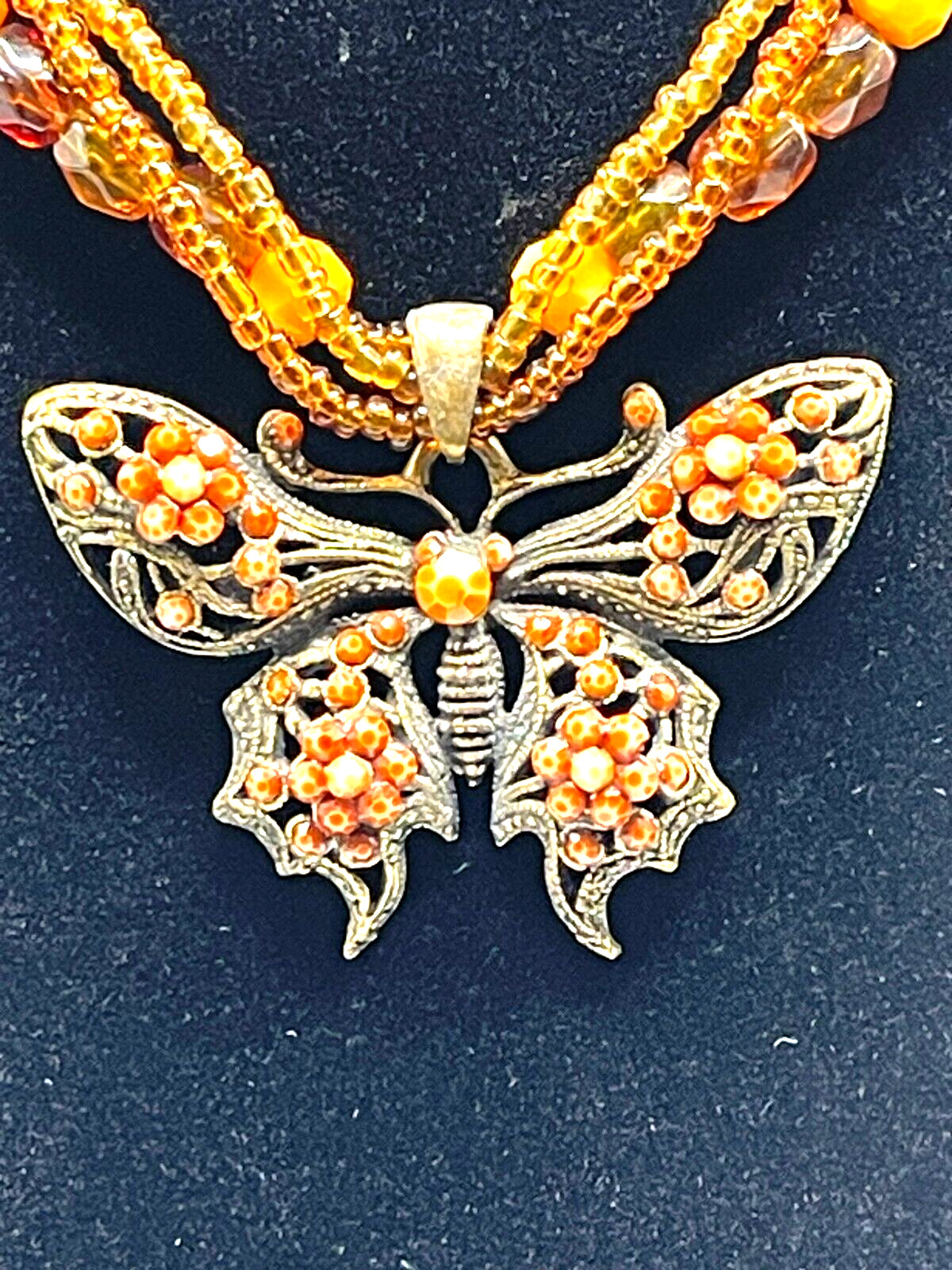 Vintage Orange Beaded Butterfly Necklace With Lob… - image 2