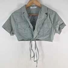 Glamorous crop top womens 10 grey short sleeve linen blend front tie 104028