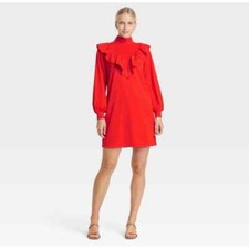 Who What Wear Red Long Sleeve Ruffled Mock Neck Sweater Dress Size L