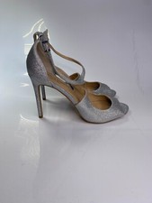 Jewel Badgley Mischka Women's Silver Glitter Double Strap Peep Toe Heel Sz 9