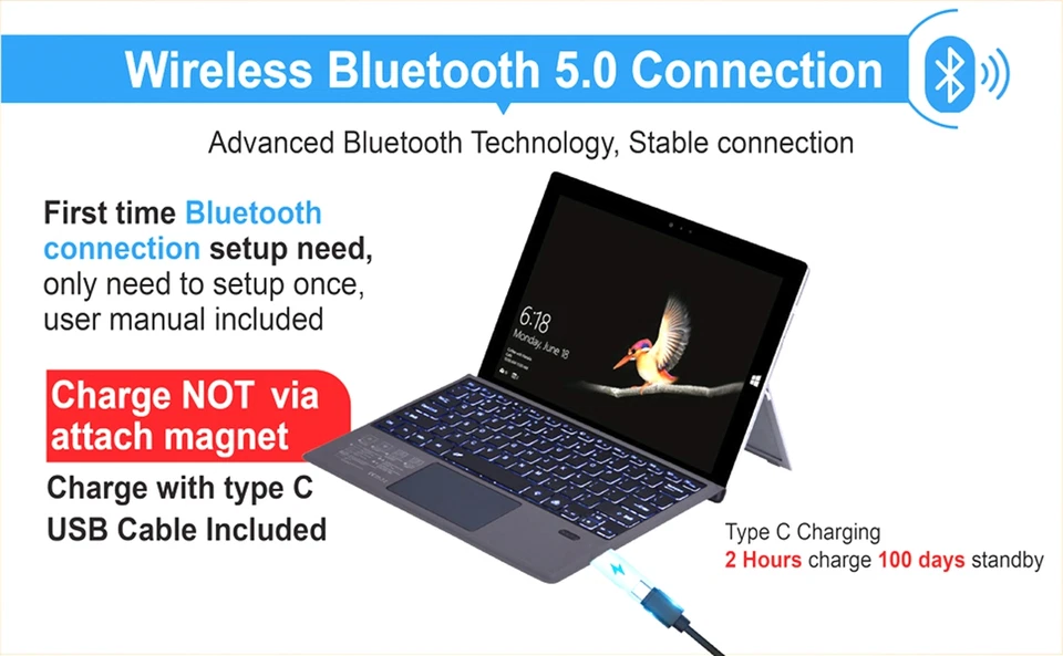 Teclado inalámbrico BT 5 cubierta magnética trackpad para Microsoft Surface Pro 7/6/5/4 Foto 3 de 4