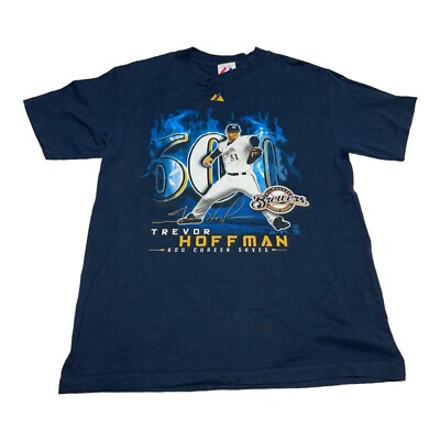 Majestic Trevor Hoffman Shirt Mens M Milwaukee Brewers 600 Saves Navy Blue MLB