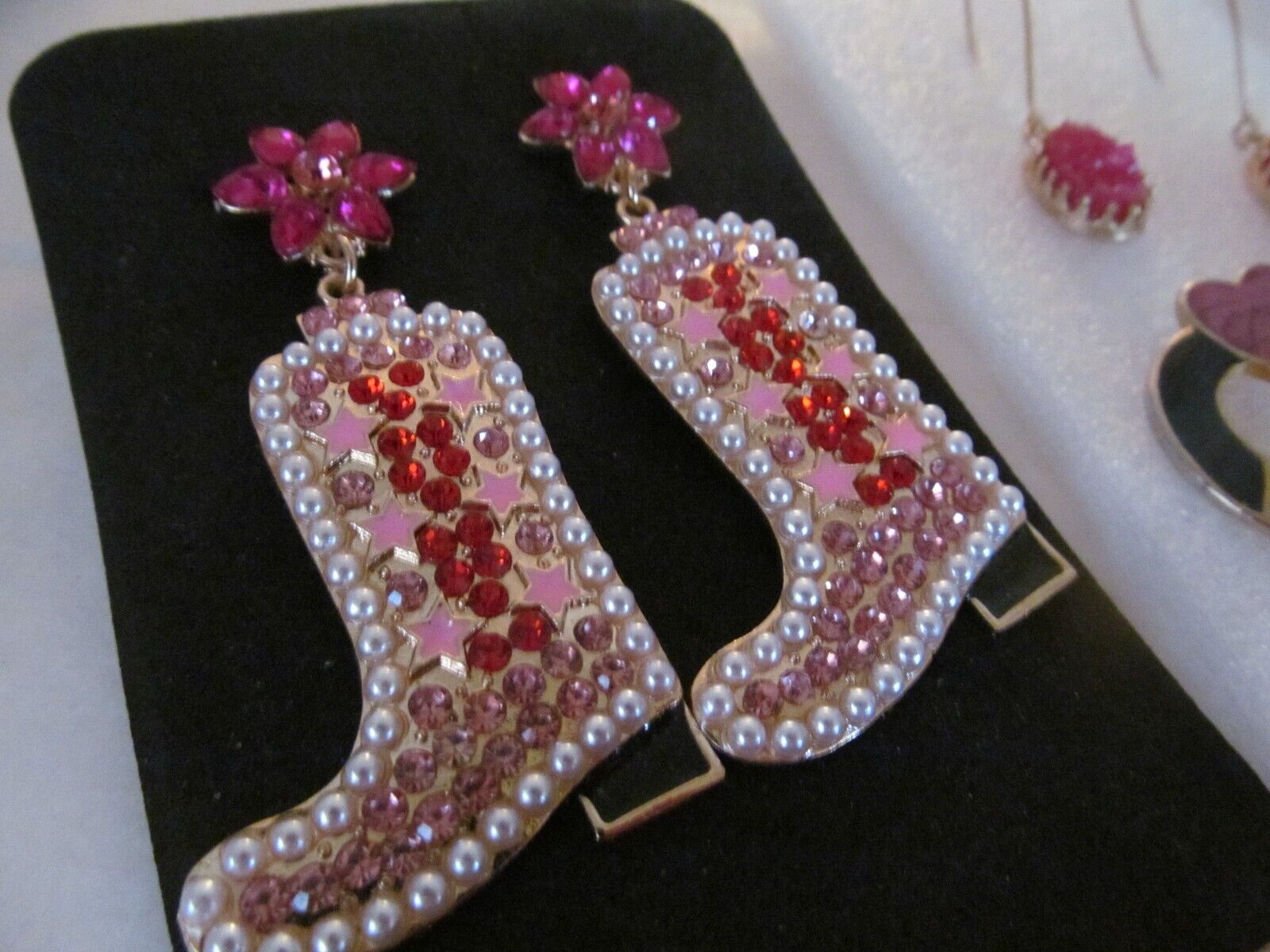 5 Pair Vintage Pink Enamel Rhinestone Pierced ear… - image 3