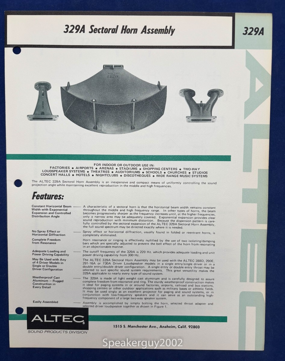 Vintage Altec Lansing Spec Sheet / 329A Sectoral Horn | eBay