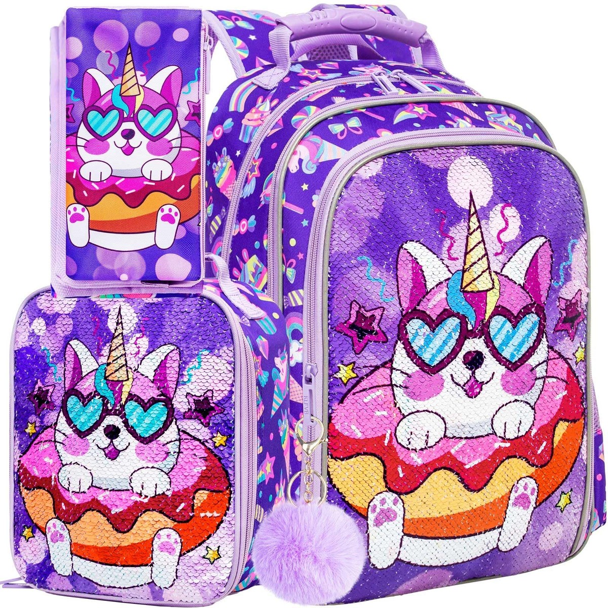 Girls Bookbag And Lunch Bag Cute Cat Sequin Backpack Set For Girls