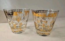 2 GEORGES BRIARD GLASSES FLORAL MOTIFF SIGNED 22 kt GOLD - LOW BALL SOME WEAR 
