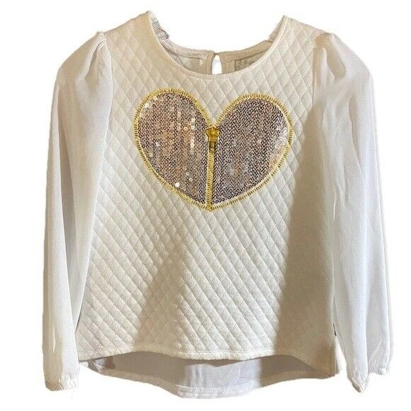 Flapdoodles 女孩小号白色绗缝亮片心形透明衬衫 Cottagecore — 第 2/4 张图片