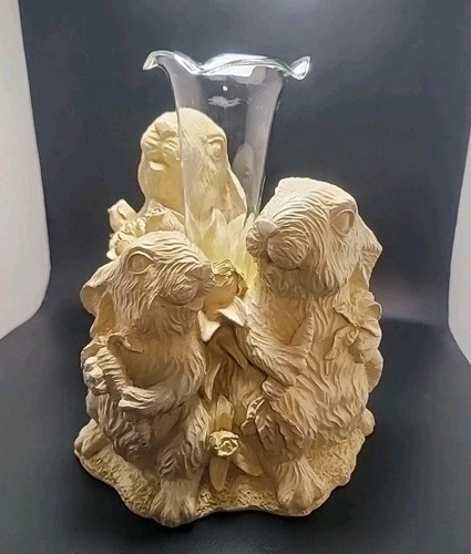 Statuina coniglietti primavera 3 conigli vetro e resina fiore bocciolo vaso vintage NOS - Foto 1 di 20