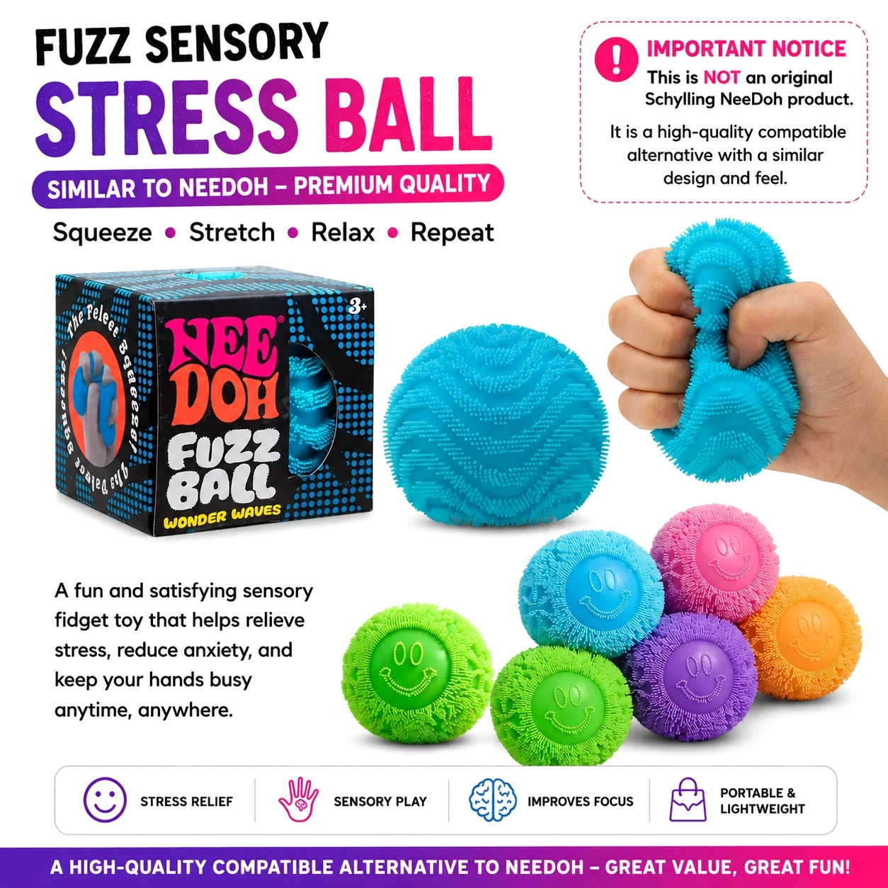Premium Fuzz Sensory Stress Ball Squishy Fidget Toy for Anxiety Stress Relief &