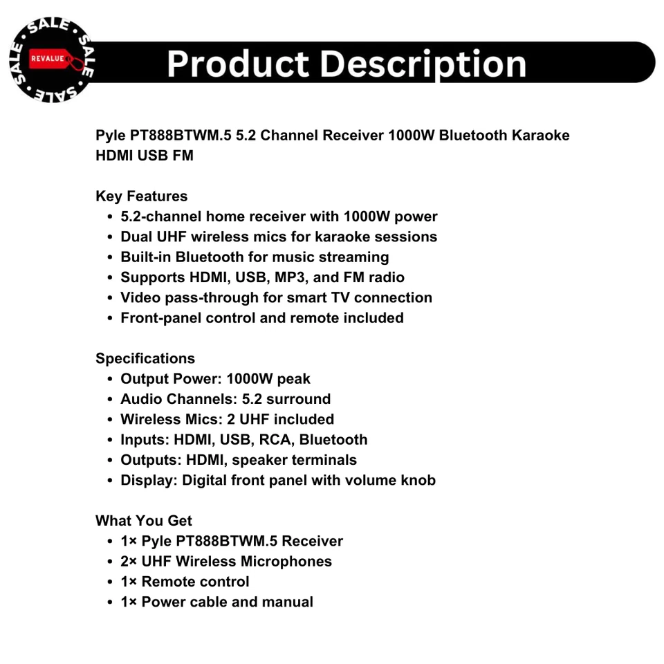 Pyle PT888BTWM.5 5.2 Channel Receiver 1000W Bluetooth Karaoke HDMI USB FM - Image 2 of 4