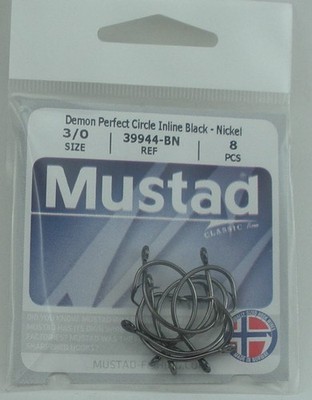 Mustad 39944BN-3/0 Schwarzer Nickel Klassischer Kreis Haken 8CT Geringelte Öse