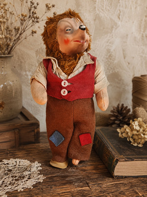 Alte Igel Puppe Stoffpuppe mit Massekopf 1950er Vintage Mecki Igelvater 27 cm