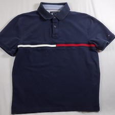 Tommy Hilfiger Polo Shirt Mens XL Custom Fit Navy Stripe Logo Cotton Classic