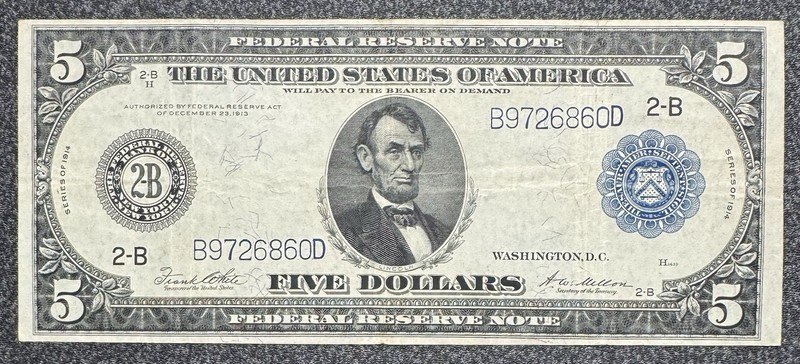 $5 1914 FRN New York 2-B HORSEBLANKET Fr. 848 Bright Blue Seal