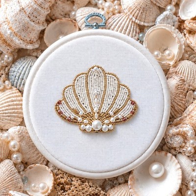 Bead Embroidery Kit - Seashell, DIY Hoop Art Kit, Pearl Embroidery