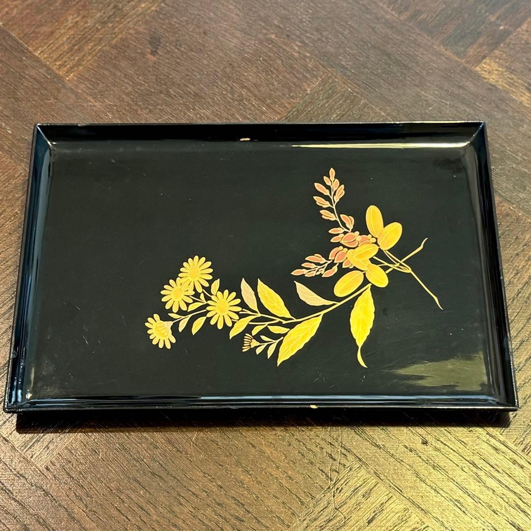 Lacquerware Autumn Grass Makie Long Tray Black Gold Stamp Dish Elegant Finish